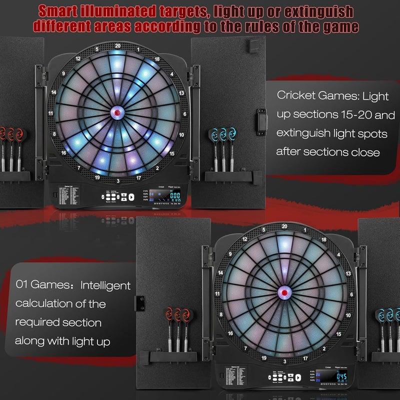 PAETAE Electronic Dart Board Cabinet Set, Illuminated Target Dartboard for Adults, 48 Games with 315 Variations Soft Tip Digital Dartboard Cabinets with 6 Darts, 100PCS Soft Tips - Image 3
